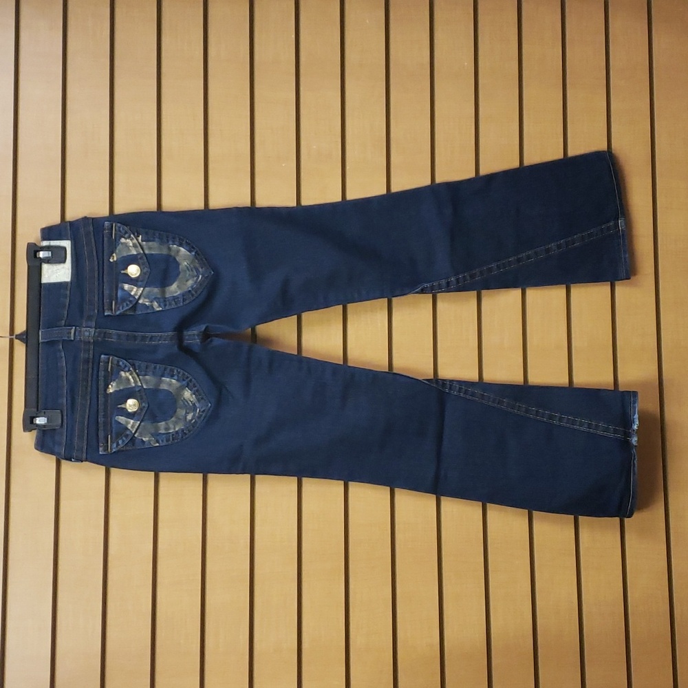 True Religion Joey Flare Jeans Blue Denim Size 27 Distressed Pocket